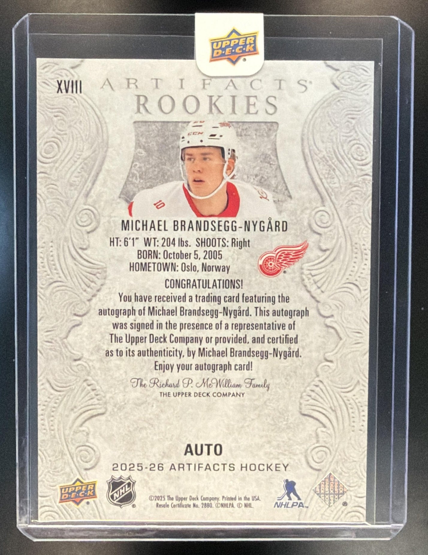 2025 Upper Deck Artifacts Michael Brandsegg-Nygard #XVIII Rookie Redemption Auto — back