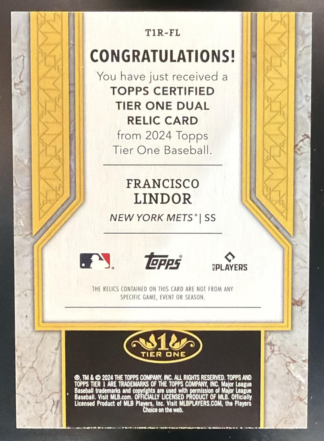 2024 Topps Tier One Francisco Lindor #T1R-FL Relics Duals 62/99 MEM Mets — back