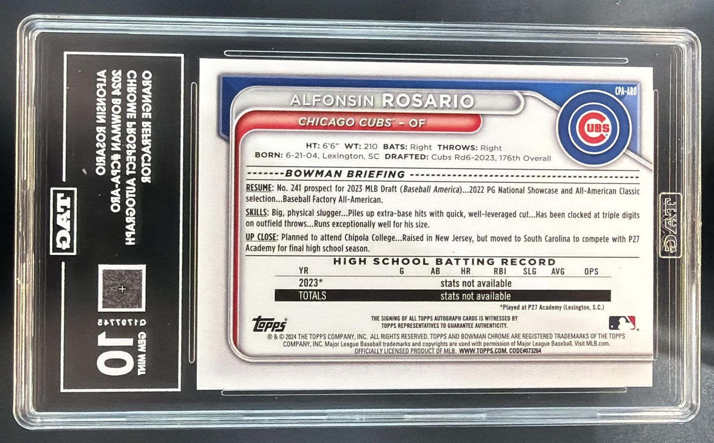 2024 Bowman Alfonsin Rosario Chrome Auto Orange Refractor /25 1st TAG 10 — back