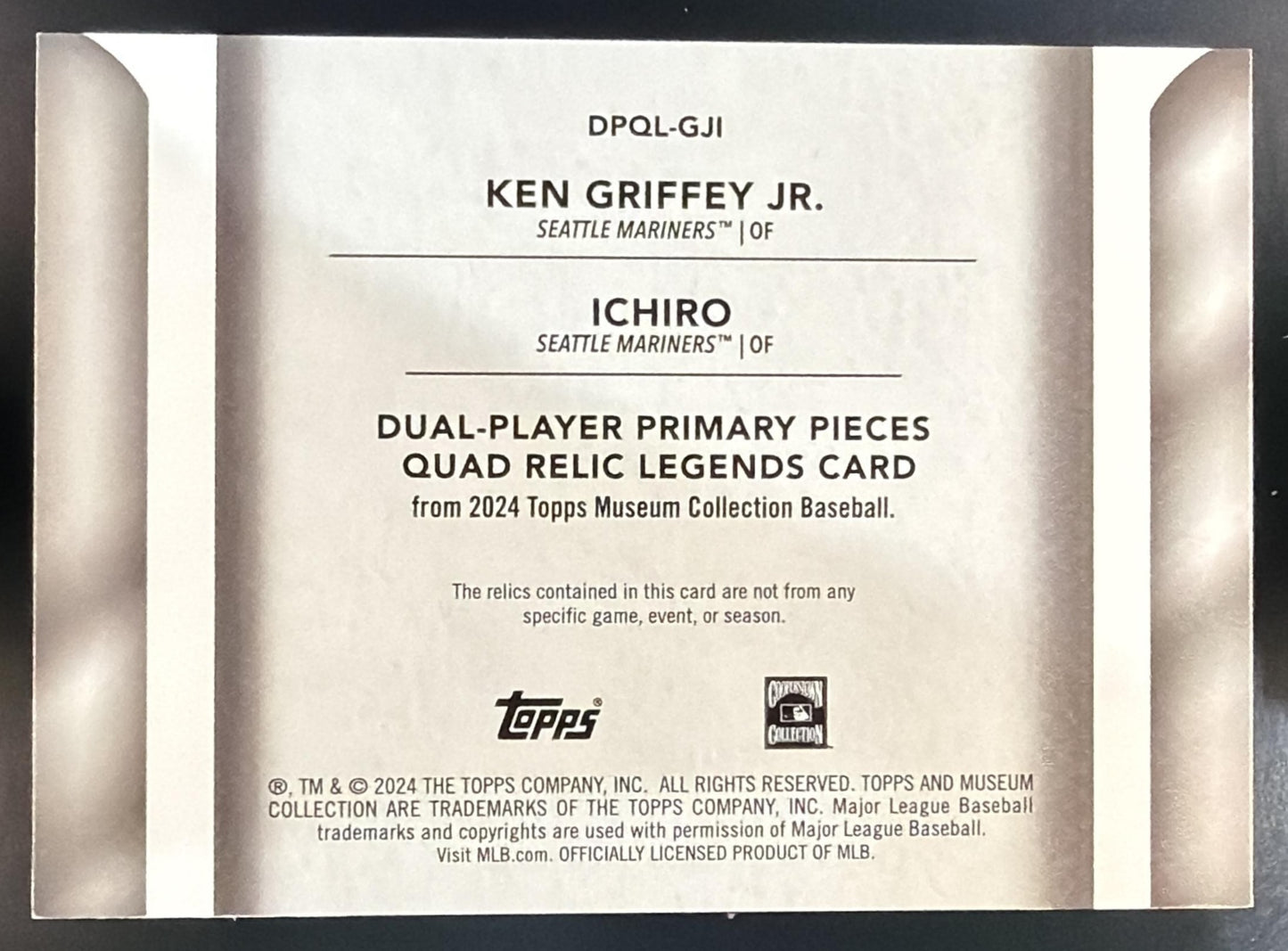 2024 Topps Museum Ichiro Ken Griffey Jr. Dual Quad Relics Gold /25 MEM — back