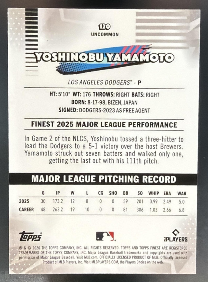 2026 Topps Finest Yoshinobu Yamamoto #120 Uncommon Yellow Refractor /275 — back