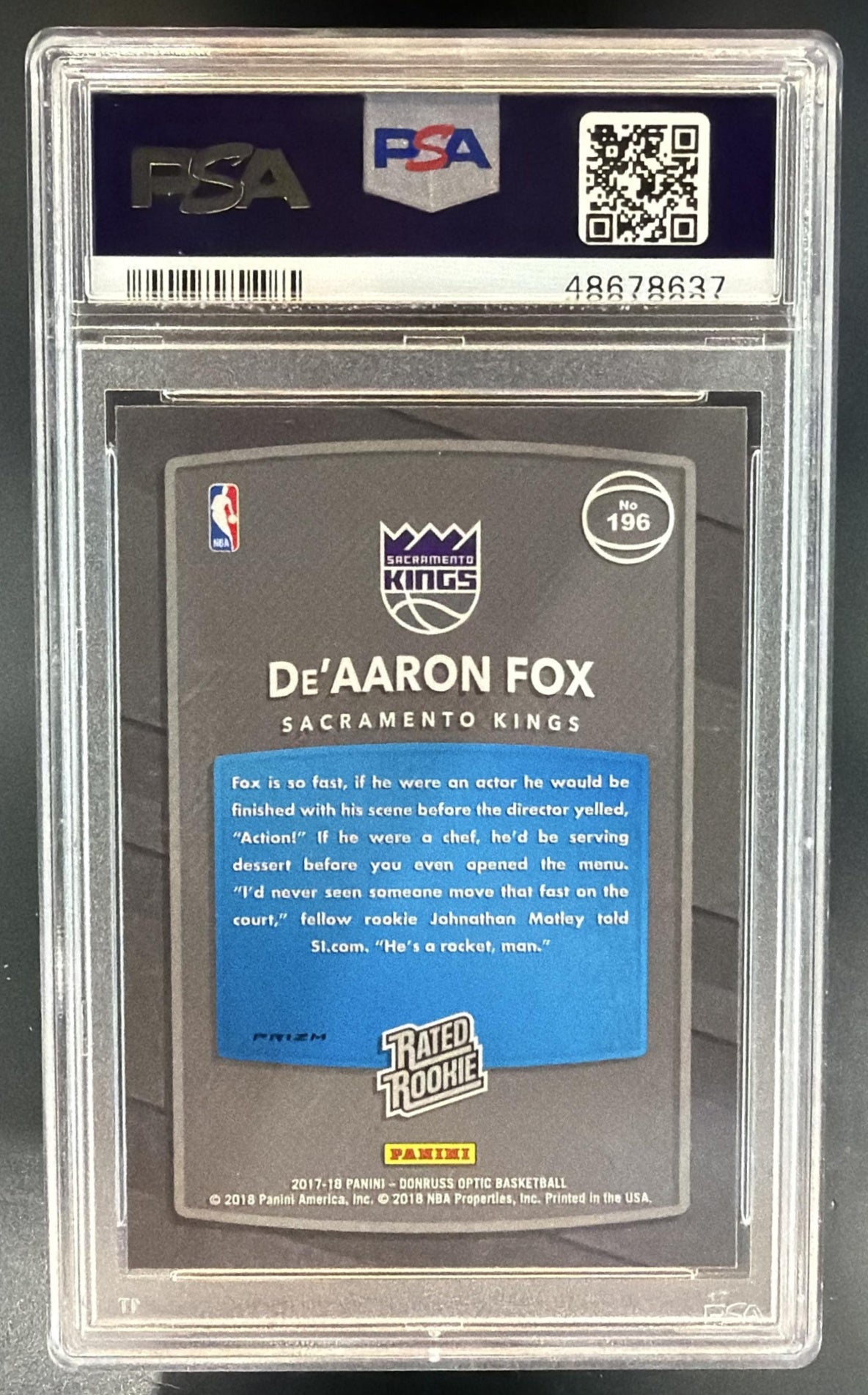 2017-18 Panini Donruss Optic De Aaron Fox #196 Blue Velocity RC Kings PSA 10 — back