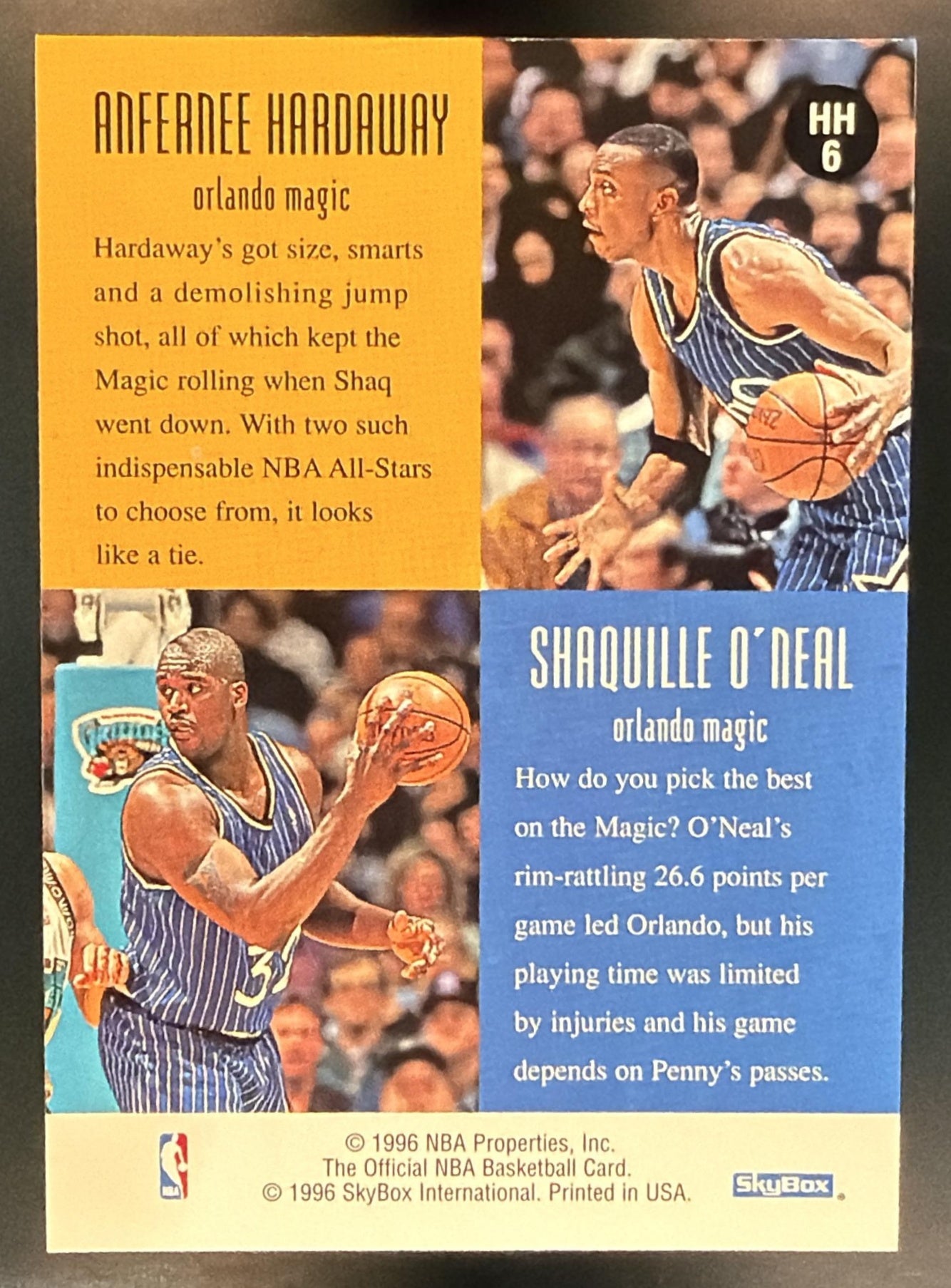 1996-97 Hoops Anfernee Hardaway Shaquille O'Neal #HH6 Head 2 Magic — back