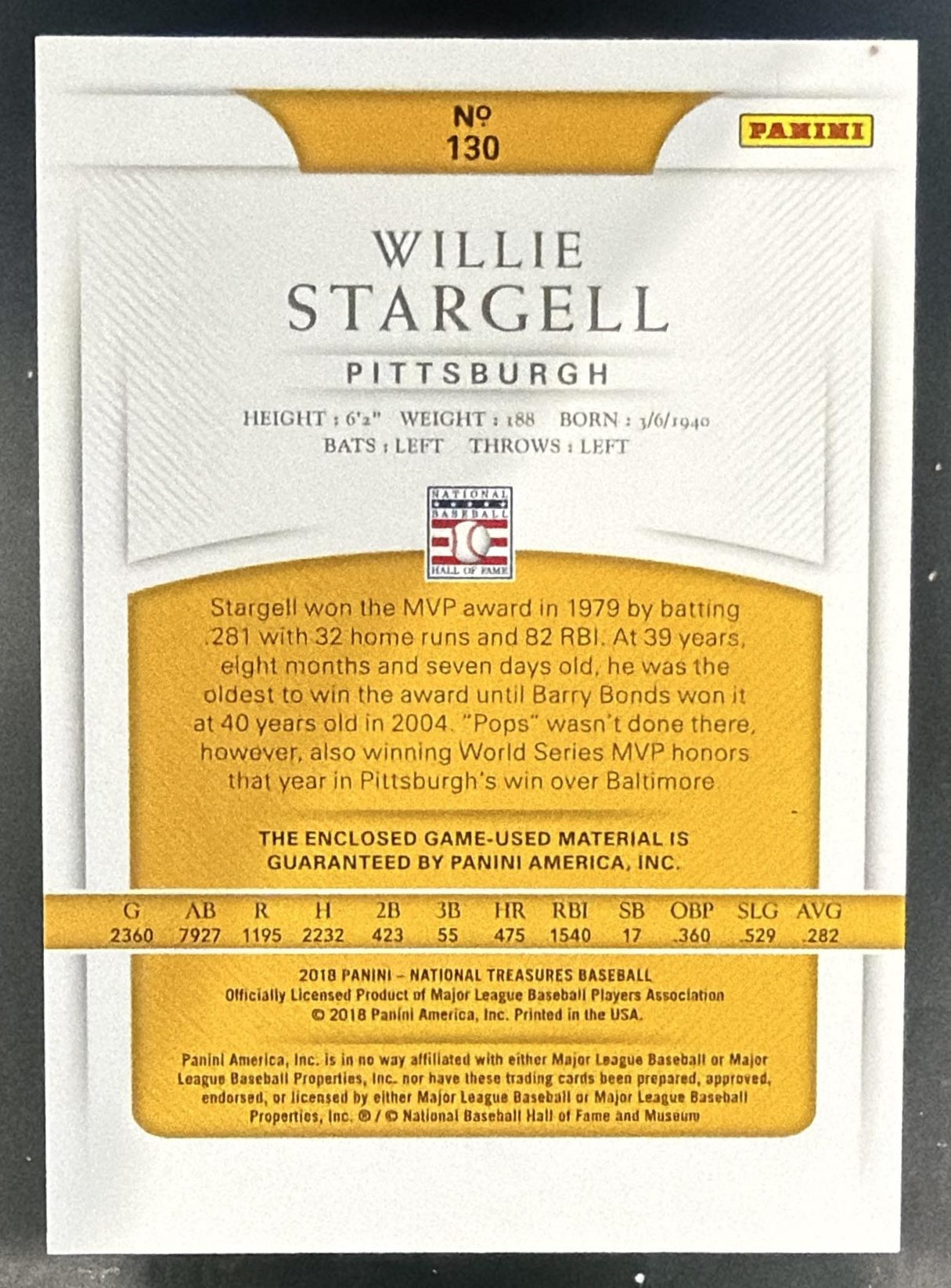 2018 Panini National Treasures Willie Stargell #130 95/99 MEM Pirates — back