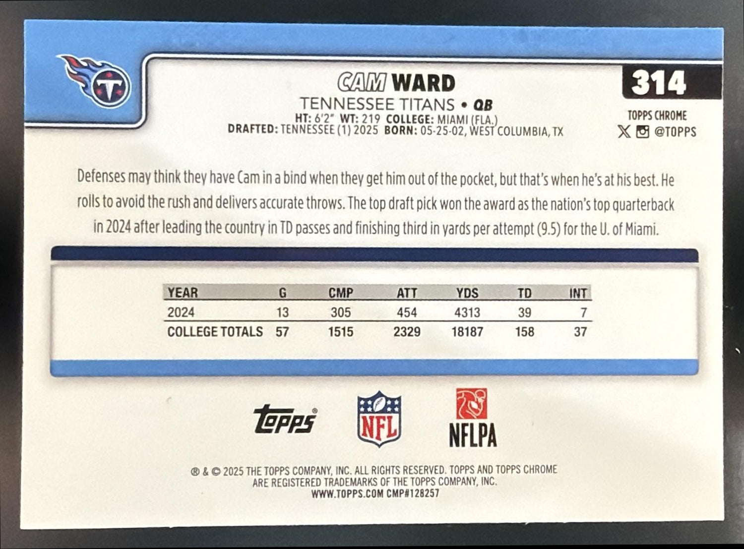 2025 Topps Chrome Cam Ward #314 Rookie Teal Refractor 155/299 RC Titans — back