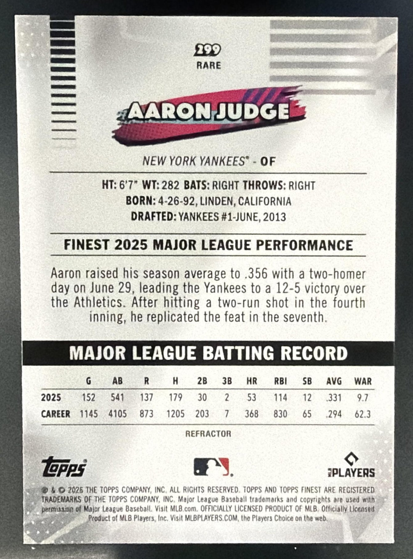 2026 Topps Finest Aaron Judge #299 Rare Yankees — back