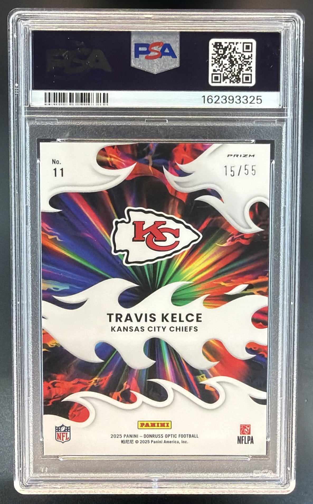 2025 Panini Donruss Optic Travis Kelce #11 Light It Up Ice Prizm /55 PSA 9 — back