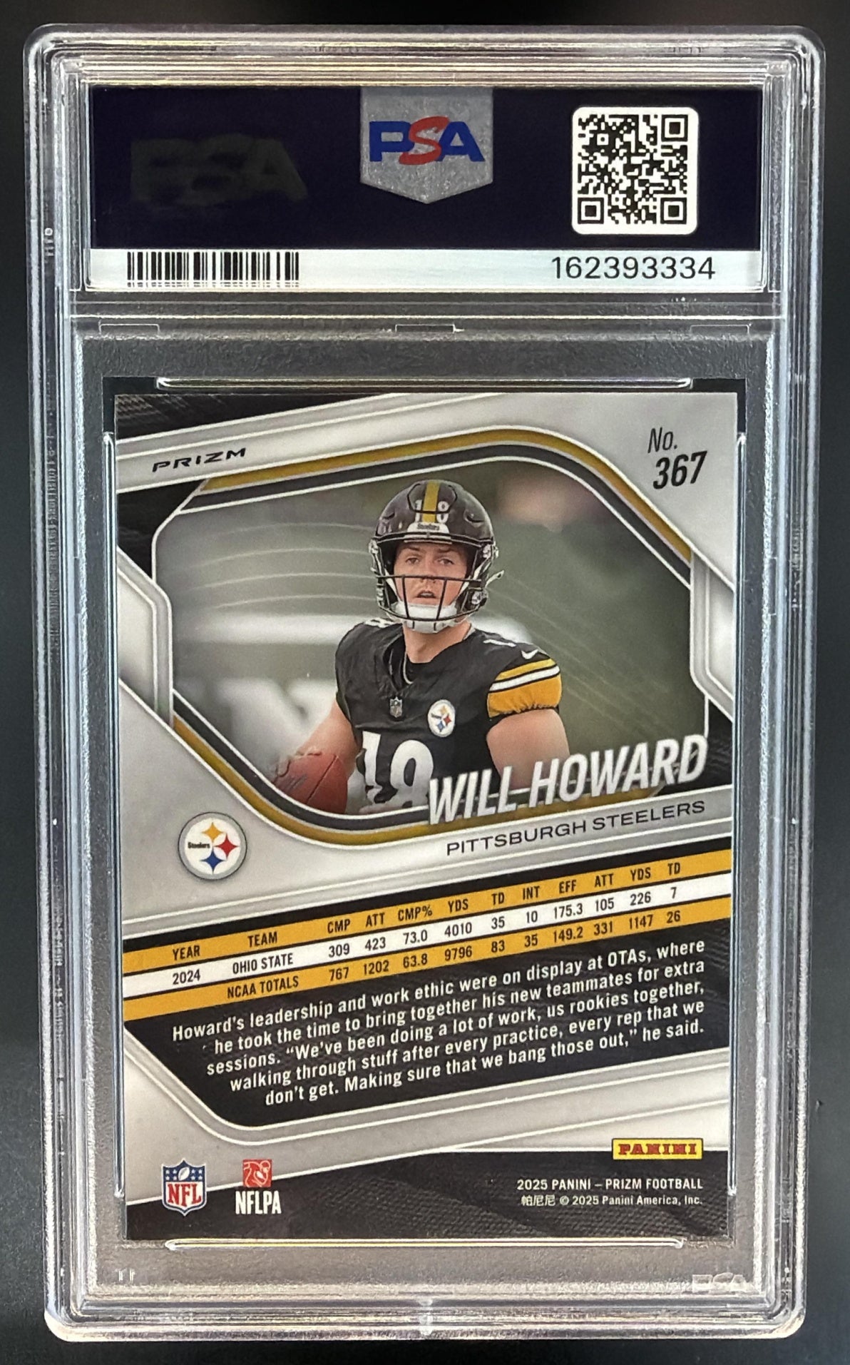 2025 Panini Prizm Will Howard #367 Silver RC Steelers PSA 10 — back