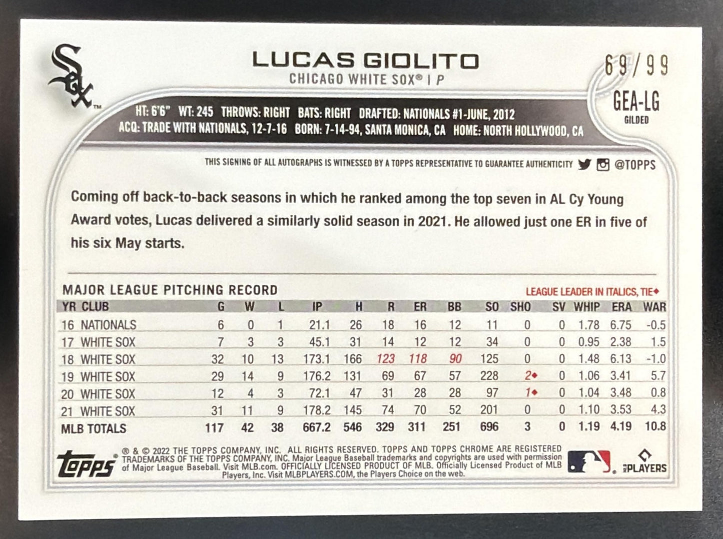 2022 Topps Gilded Collection Lucas Giolito #GEA-LG Chrome Gold Etch Auto /99 — back