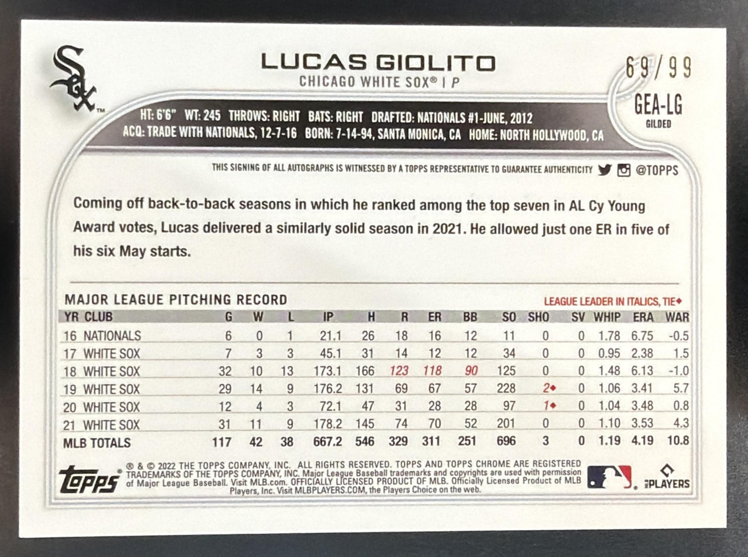2022 Topps Gilded Collection Lucas Giolito #GEA-LG Chrome Gold Etch Auto /99 — back