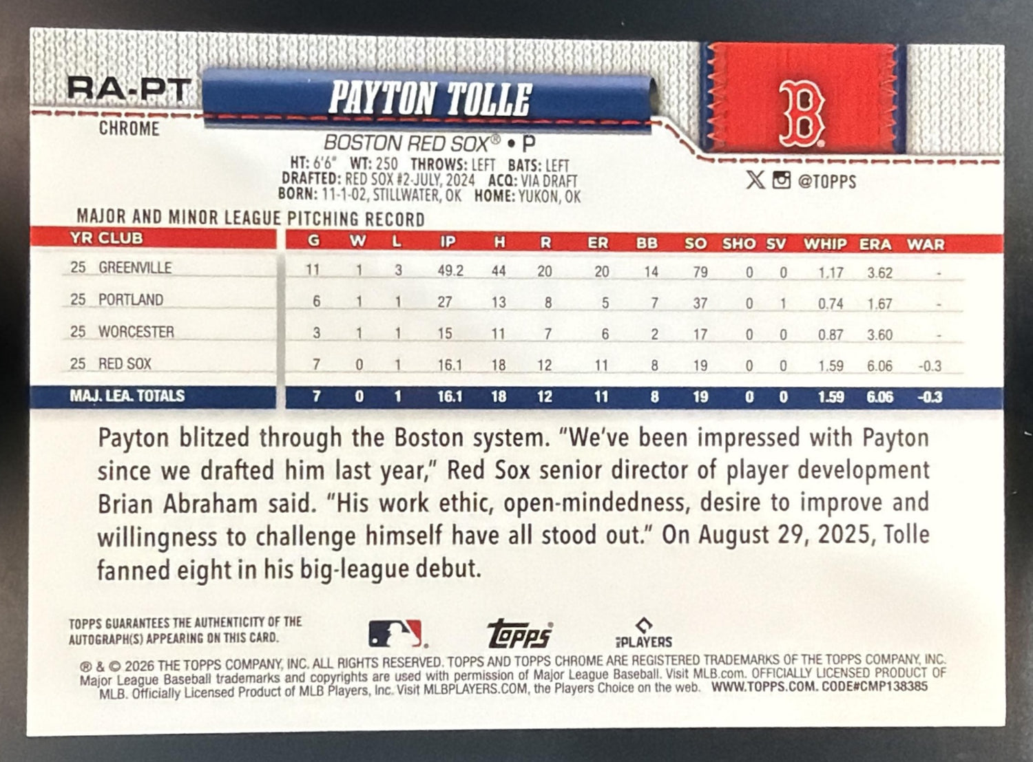 2026 Topps Chrome Payton Tolle #RA-PT Rookie Auto RC Red Sox — back