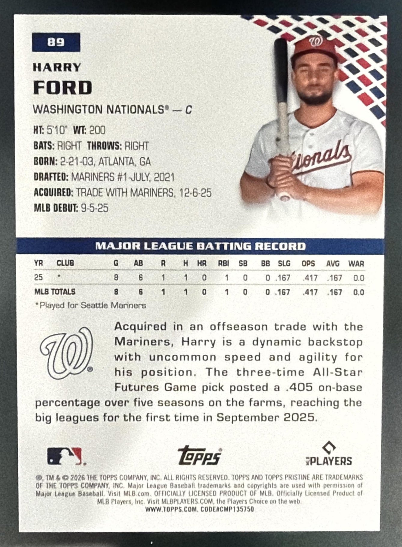 2026 Topps Pristine Harry Ford #89 Orange Refractor 21/25 RC Nationals — back
