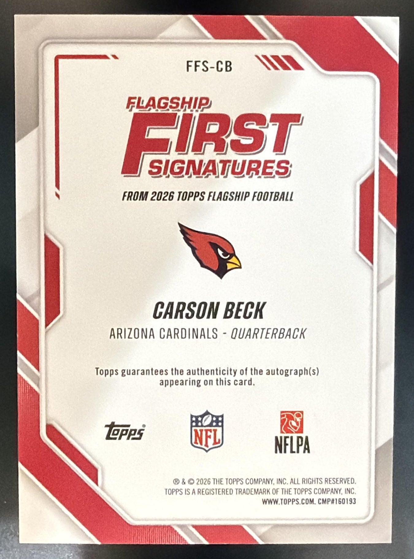 2026 Topps Carson Beck #FFS-CB First Signatures RC Auto Cardinals — back