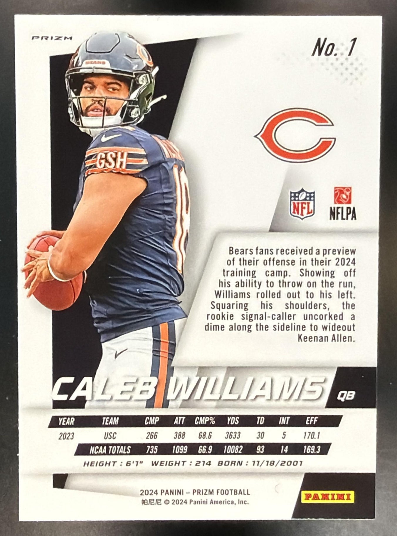 2024 Panini Prizm Caleb Williams #1 Flashback Rookie Silver RC Bears — back