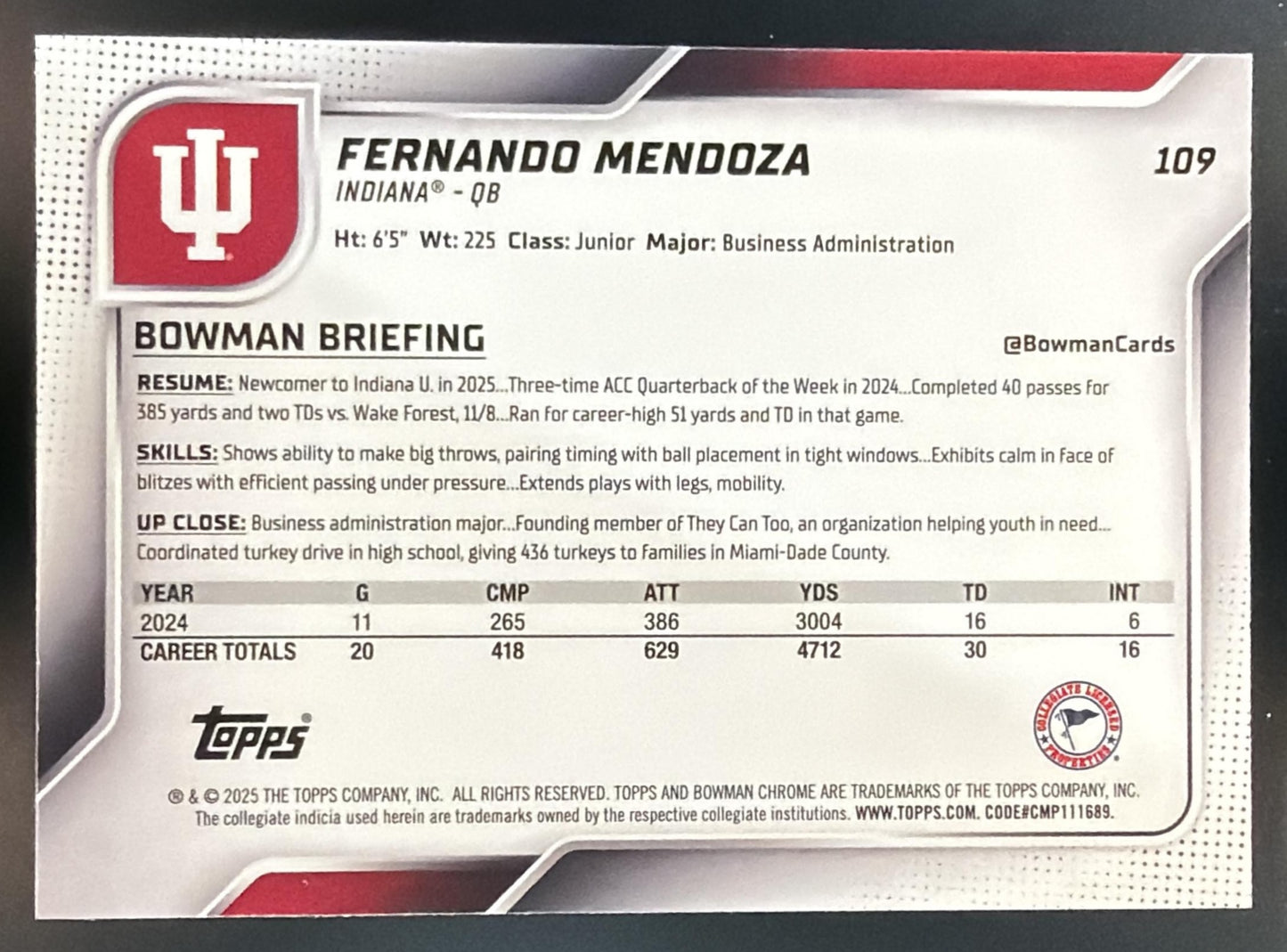 2025 Bowman Chrome University Sapphire Fernando Mendoza #109 1st Prospect — back
