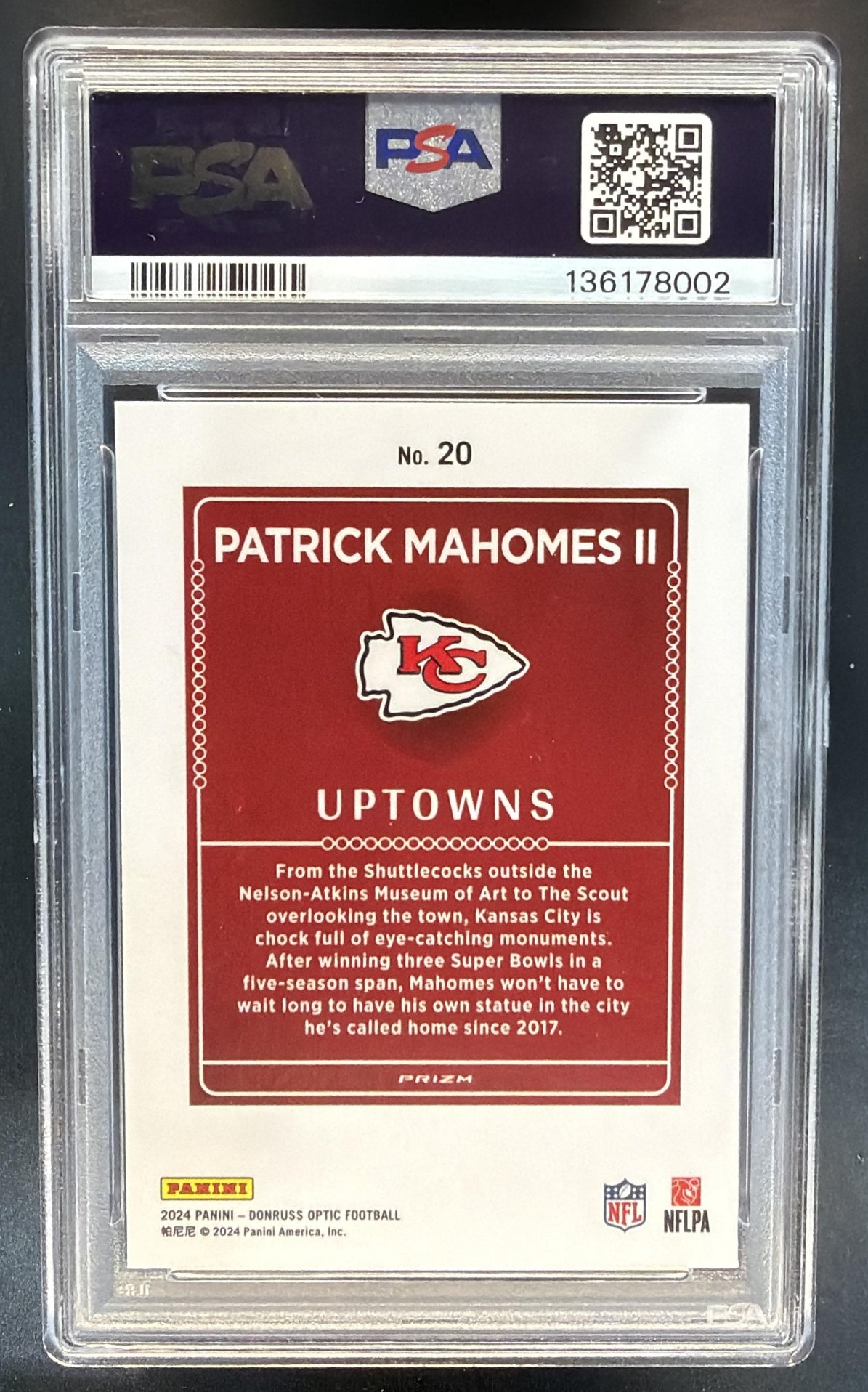 2024 Panini Donruss Optic Patrick Mahomes II #20 Uptown SSP Chiefs PSA 9 — back