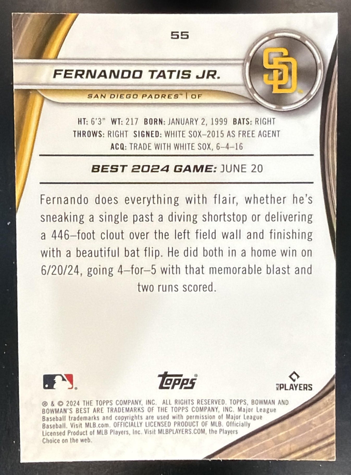 2024 Bowman's Best Fernando Tatis Jr. #55 Gold Refractor 2/50 Padres — back