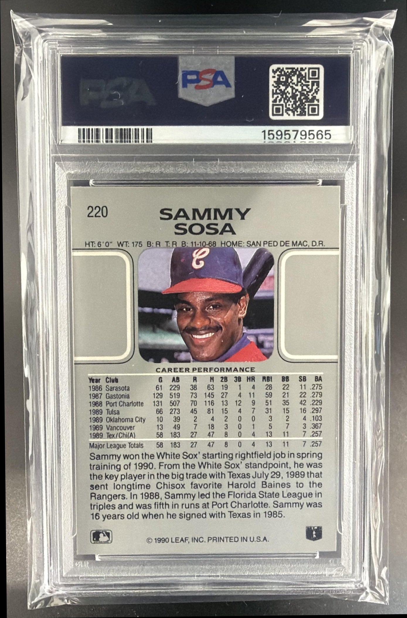 1990 Leaf Sammy Sosa #220 RC White Sox PSA 9 — back
