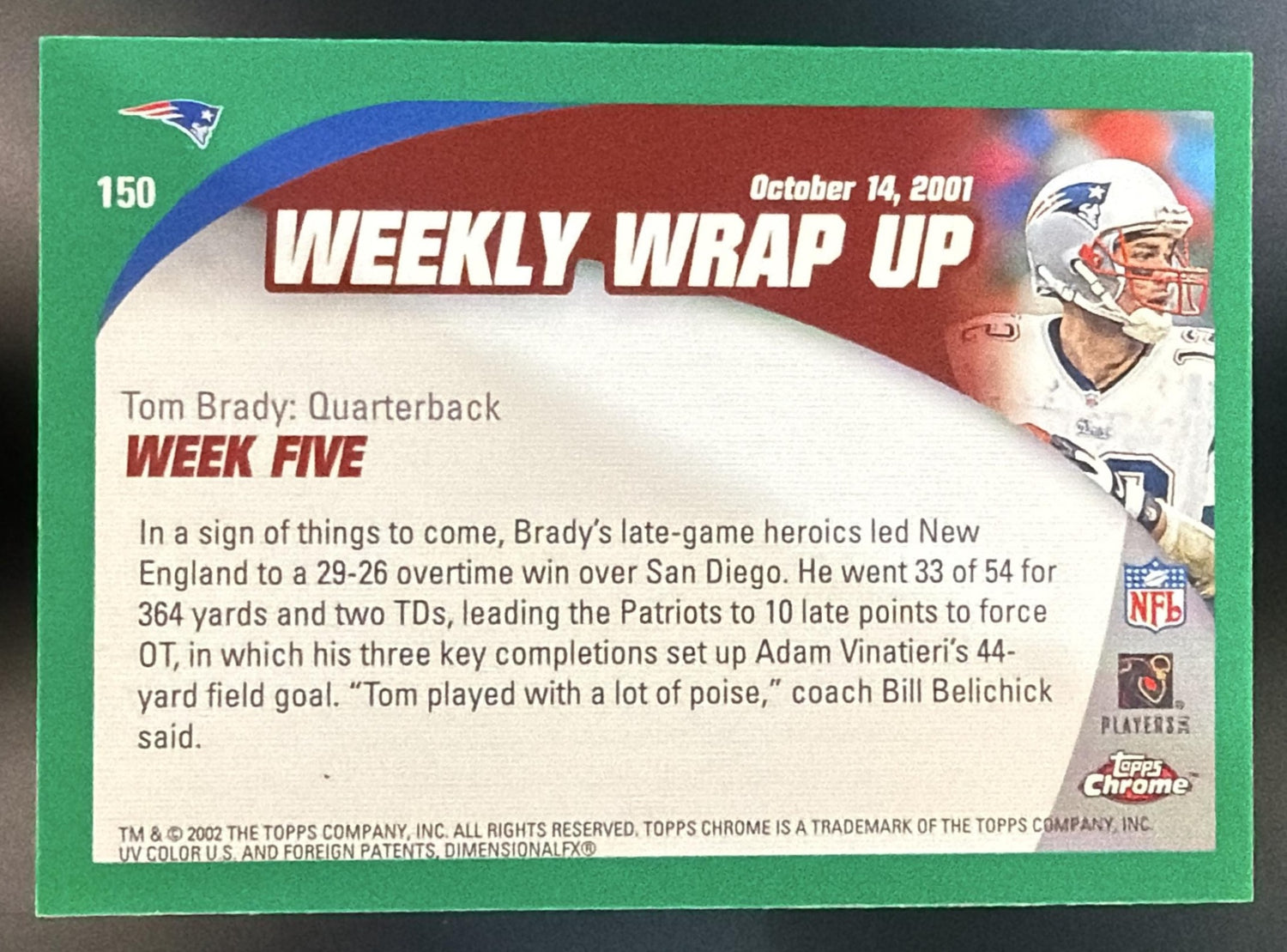 2002 Topps Chrome Tom Brady #150 Weekly Wrap Up Patriots — back