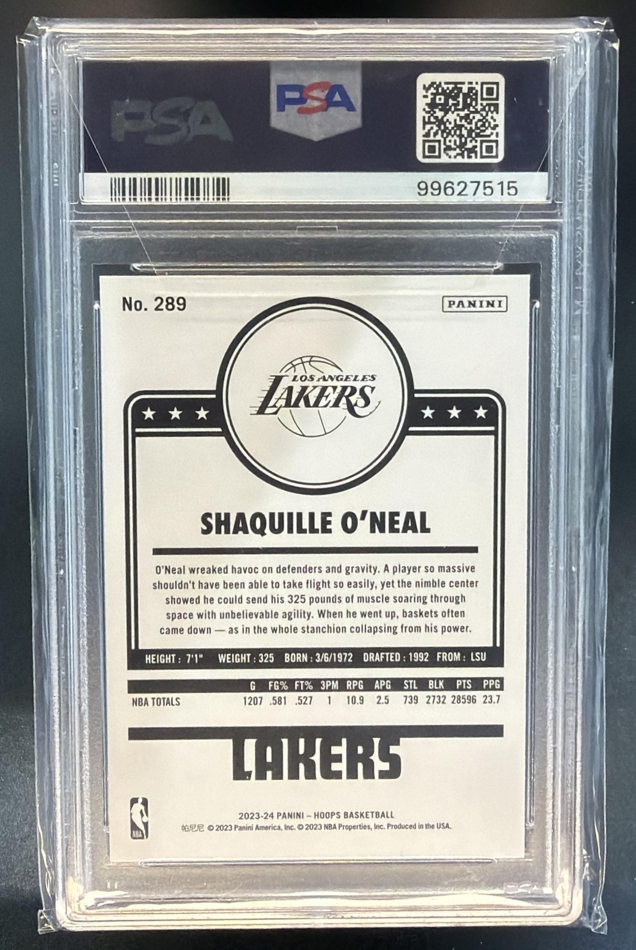 2023-24 Panini Hoops Shaquille O'Neal #289 Lakers PSA 10 — back