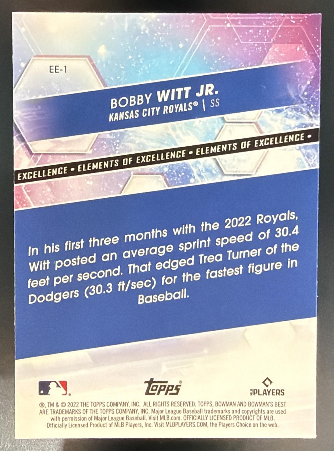 2022 Bowman's Best Bobby Witt Jr. #EE-1 Elements of Excellence RC Royals — back