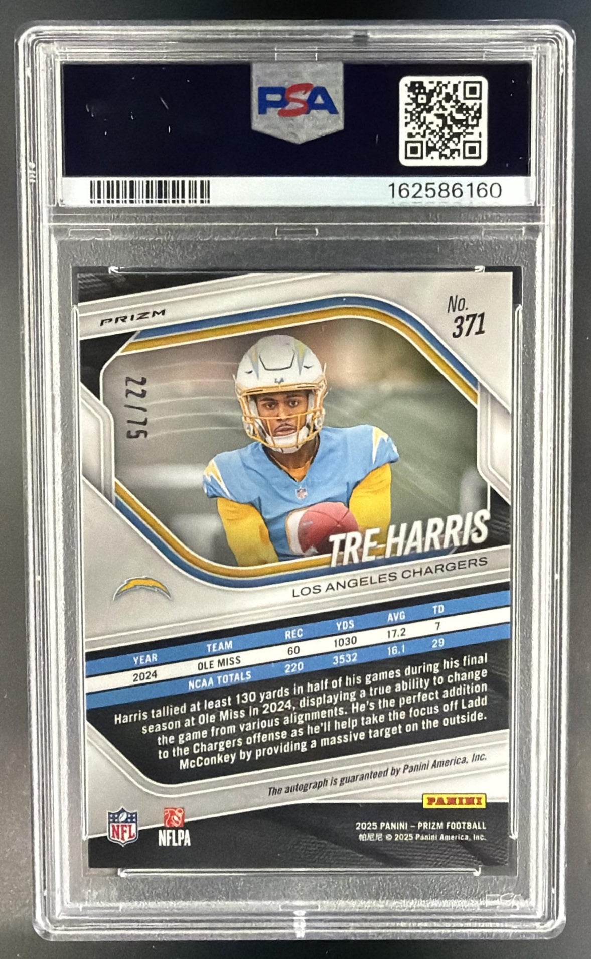2025 Panini Prizm Tre Harris #371 Rookie Auto Green Scope /75 RC PSA 10 — back