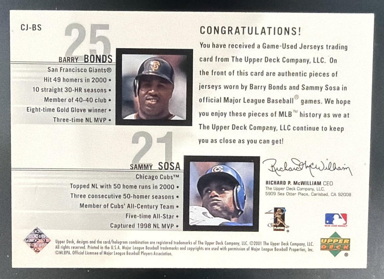 2002 Upper Deck Barry Bonds Sammy Sosa #CJ-BS Combo Game Used Memorabilia — back