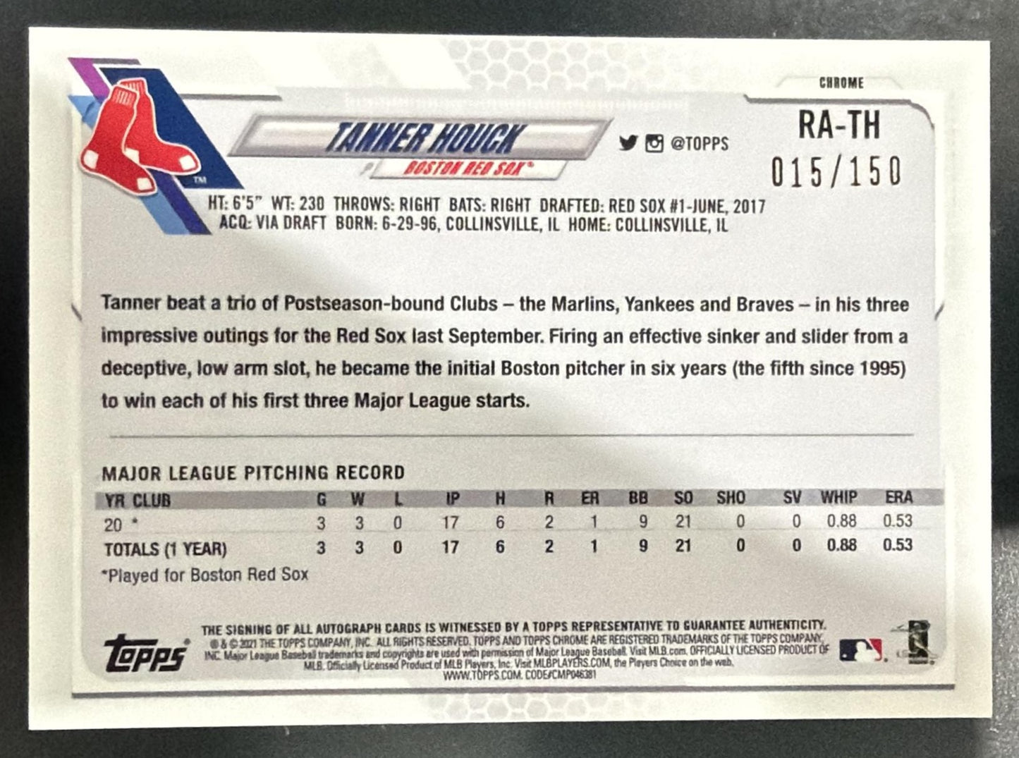 2021 Topps Chrome Tanner Houck #RA-TH Rookie Auto Blue Refractor /150 RC — back