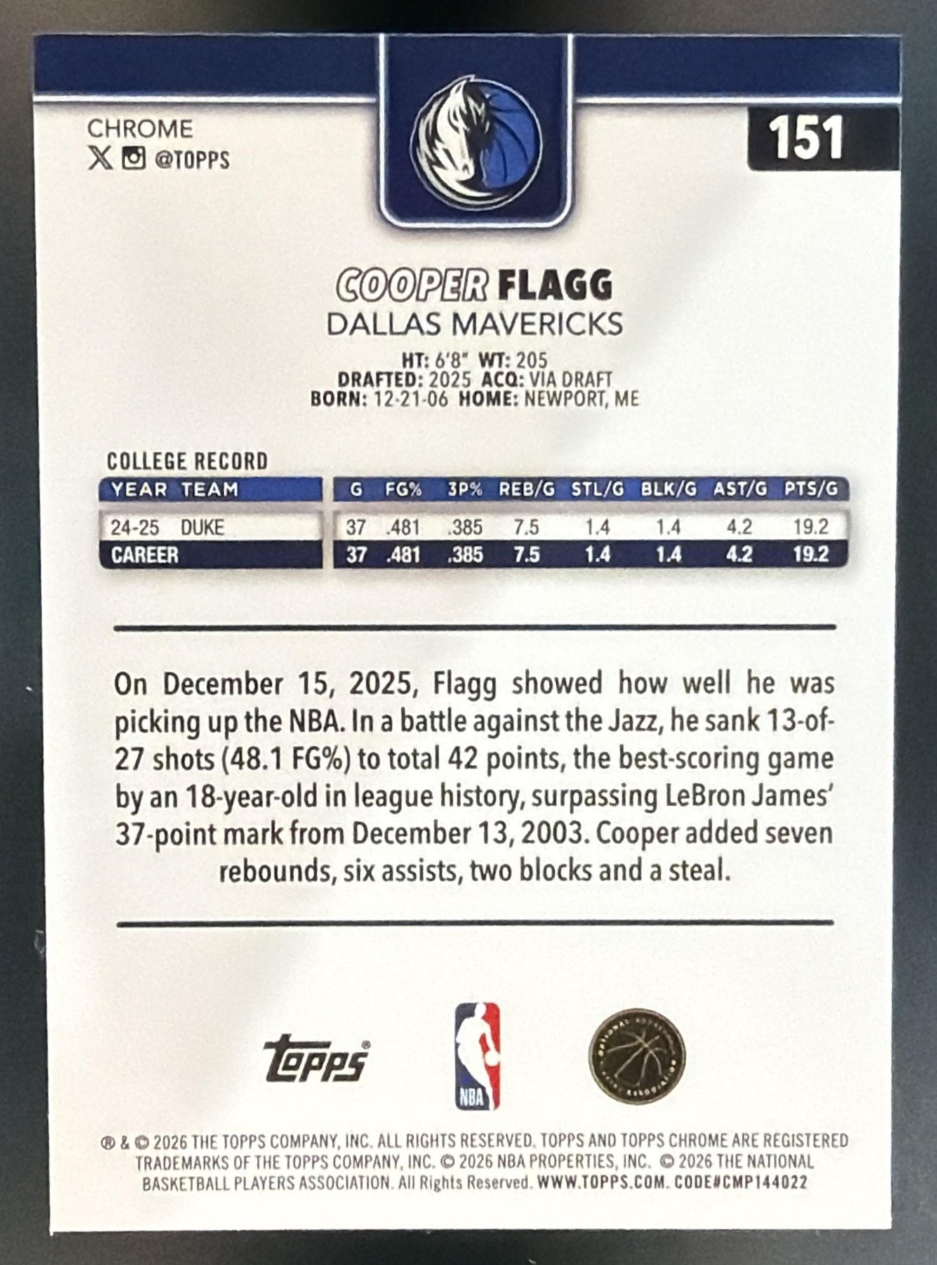 2025-26 Topps Chrome Update Cooper Flagg #151 Refractor RC Mavericks — back