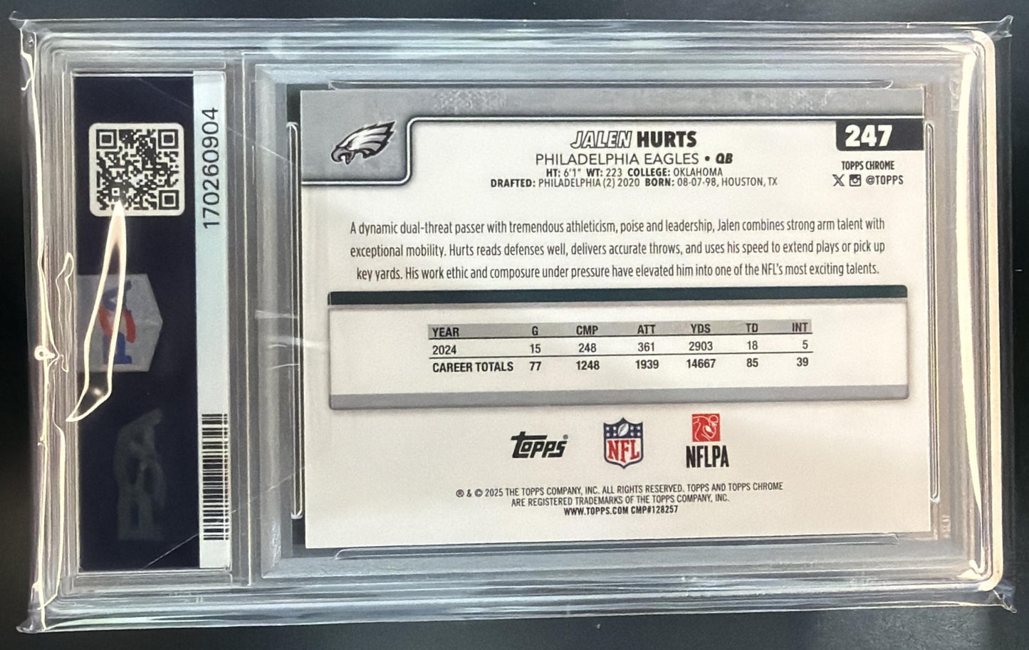 2025 Topps Chrome Jalen Hurts #247 RayWave Refractor Eagles PSA 7 — back