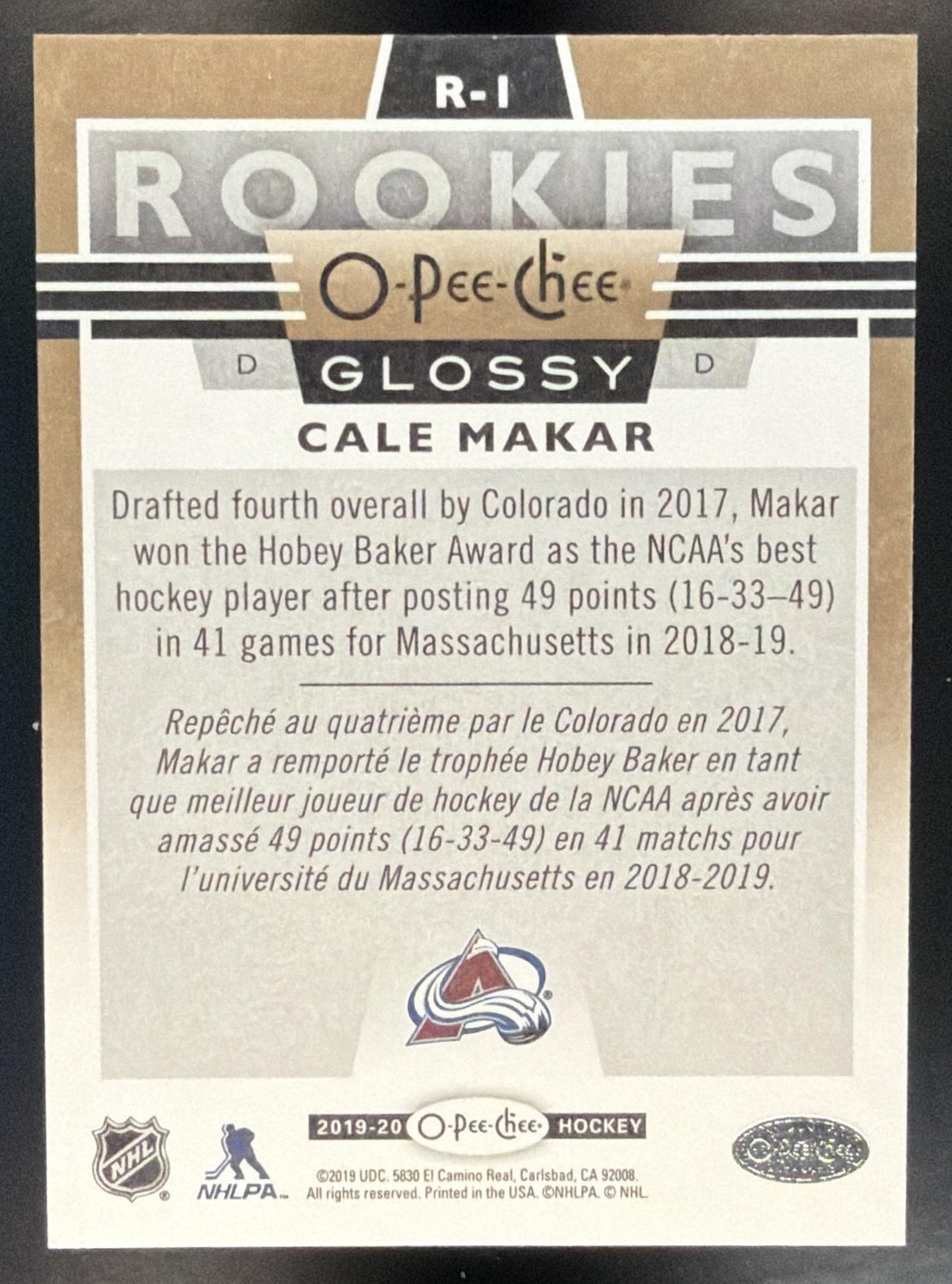 2019-20 Upper Deck Cale Makar #R-1 20 O-Pee-Chee Glossy Rookies Copper RC — back