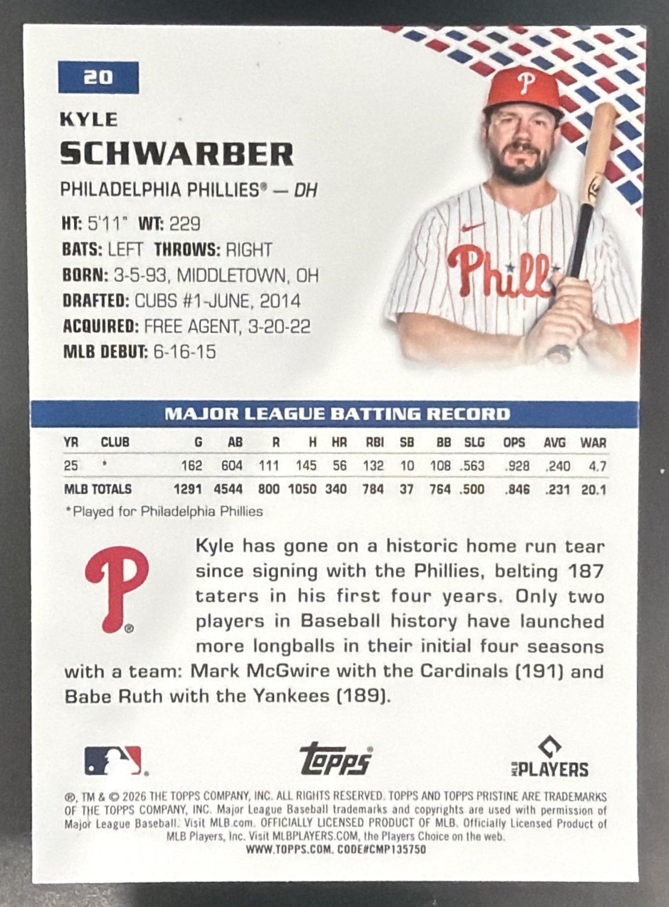 2026 Topps Pristine Kyle Schwarber #20 Aqua Refractor 126/199 Phillies — back