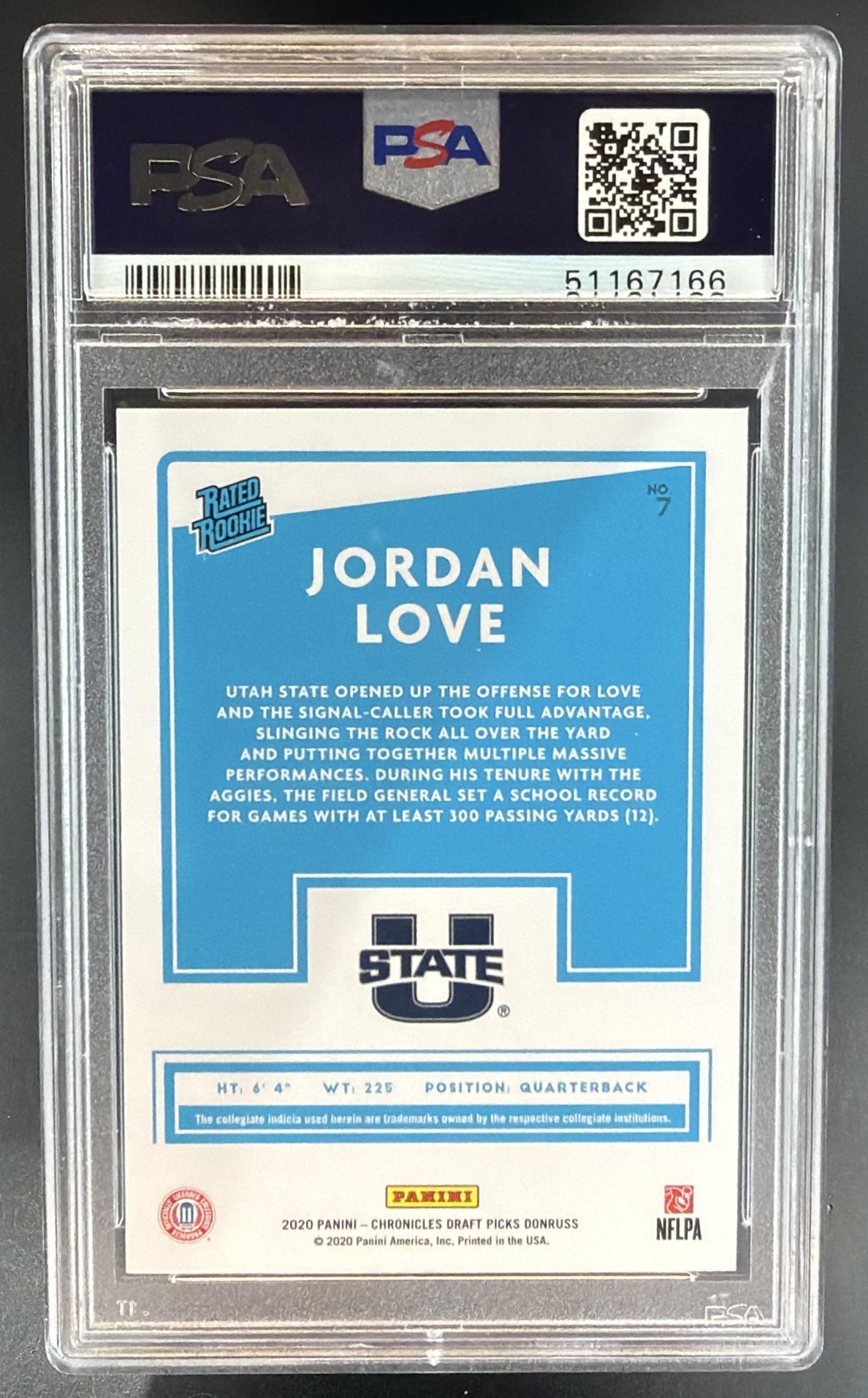 2020 Panini Chronicles Draft Picks Jordan Love #7 Donruss Rated Rookie RC PSA 10 — back