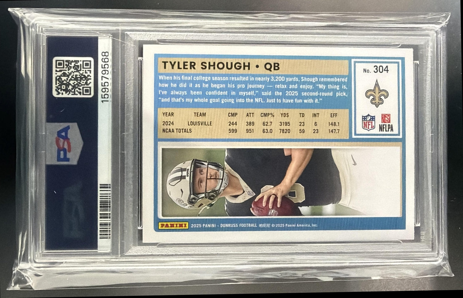 2025 Panini Donruss Tyler Shough #304 Rated Rookie RC Saints PSA 9 — back