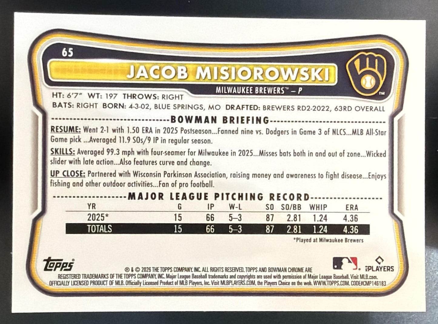 2026 Bowman Chrome Mega Box Jacob Misiorowski Black & White Mojo Ref. /15 RC — back