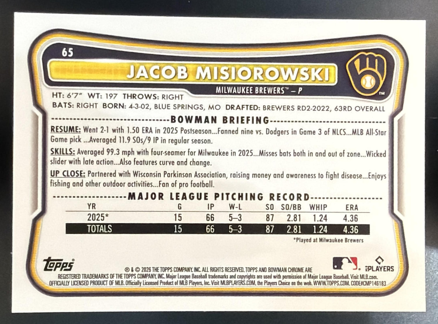 2026 Bowman Chrome Mega Box Jacob Misiorowski Black & White Mojo Ref. /15 RC — back
