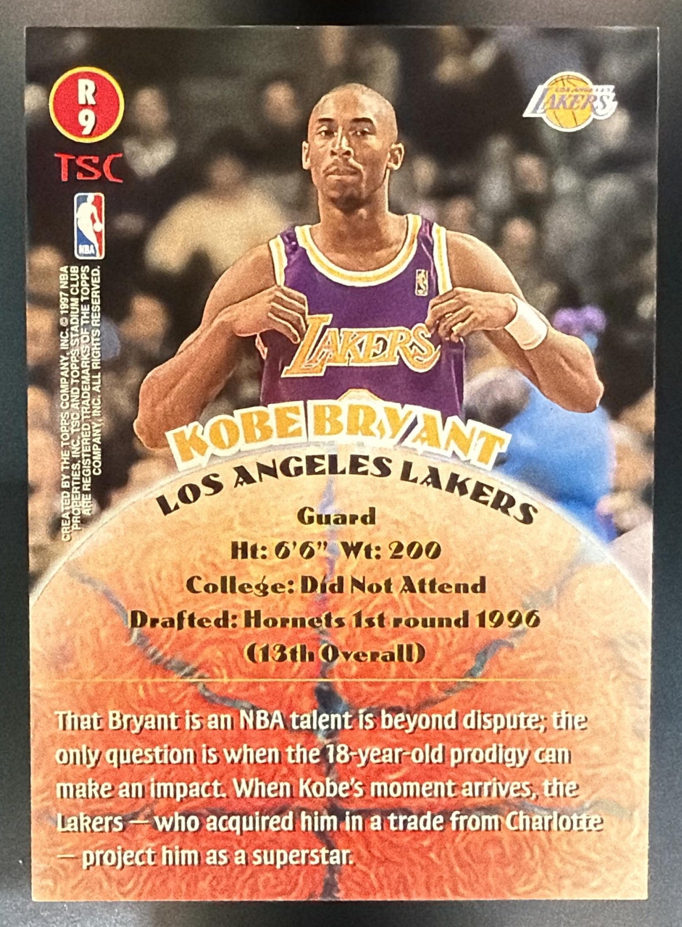 1996-97 Topps Stadium Club Kobe Bryant #R9 Rookies Series Two RC Lakers — back