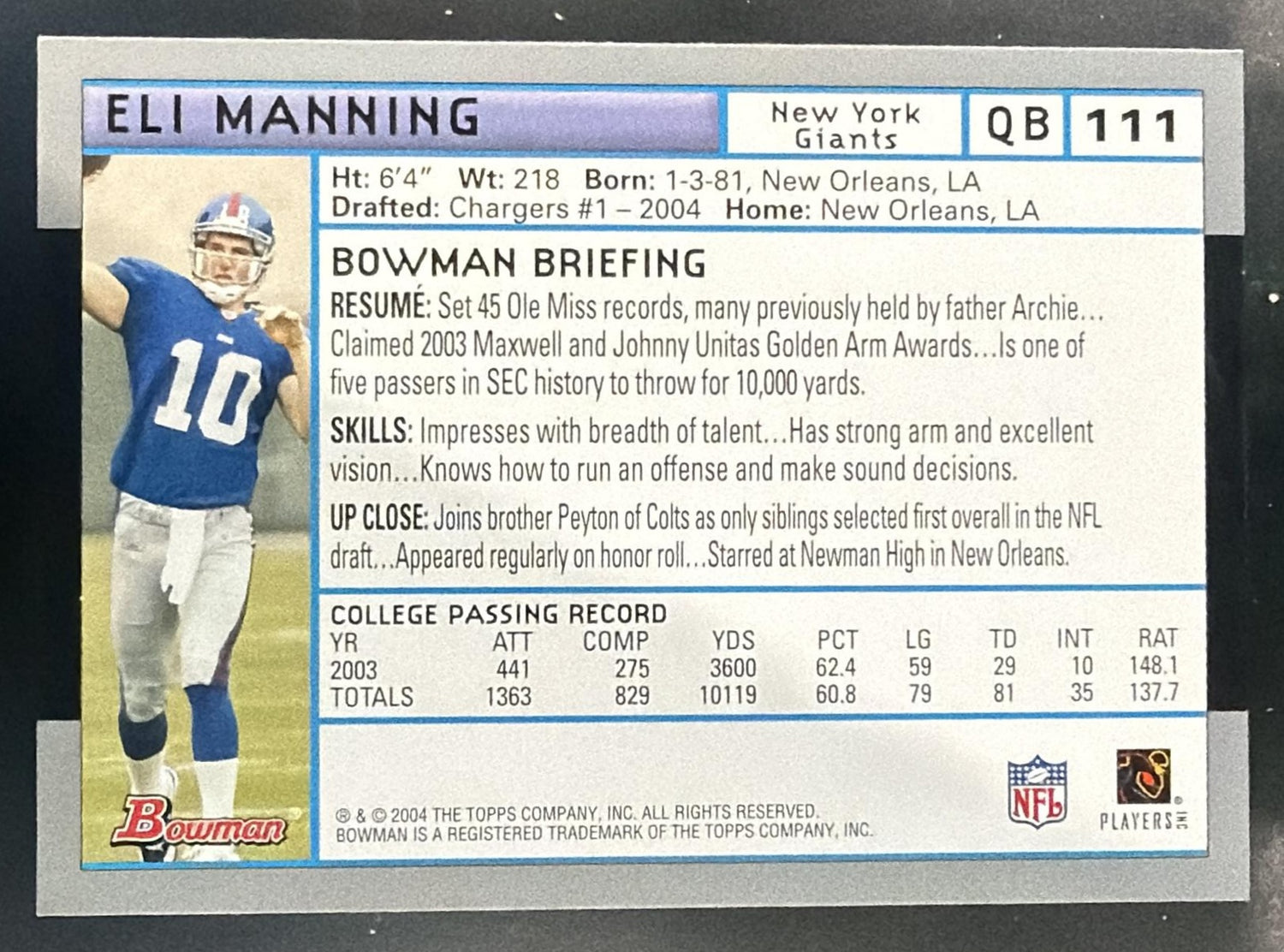 2004 Bowman Eli Manning #111 RC Giants — back
