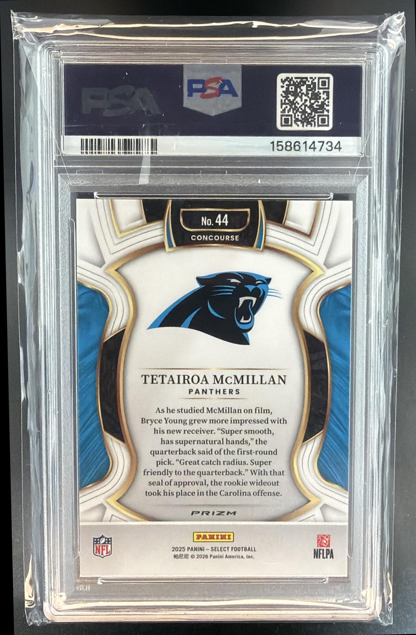 2025 Panini Select Tetairoa McMillan #44 Concourse Pink Prizm Shock RC PSA 7 — back
