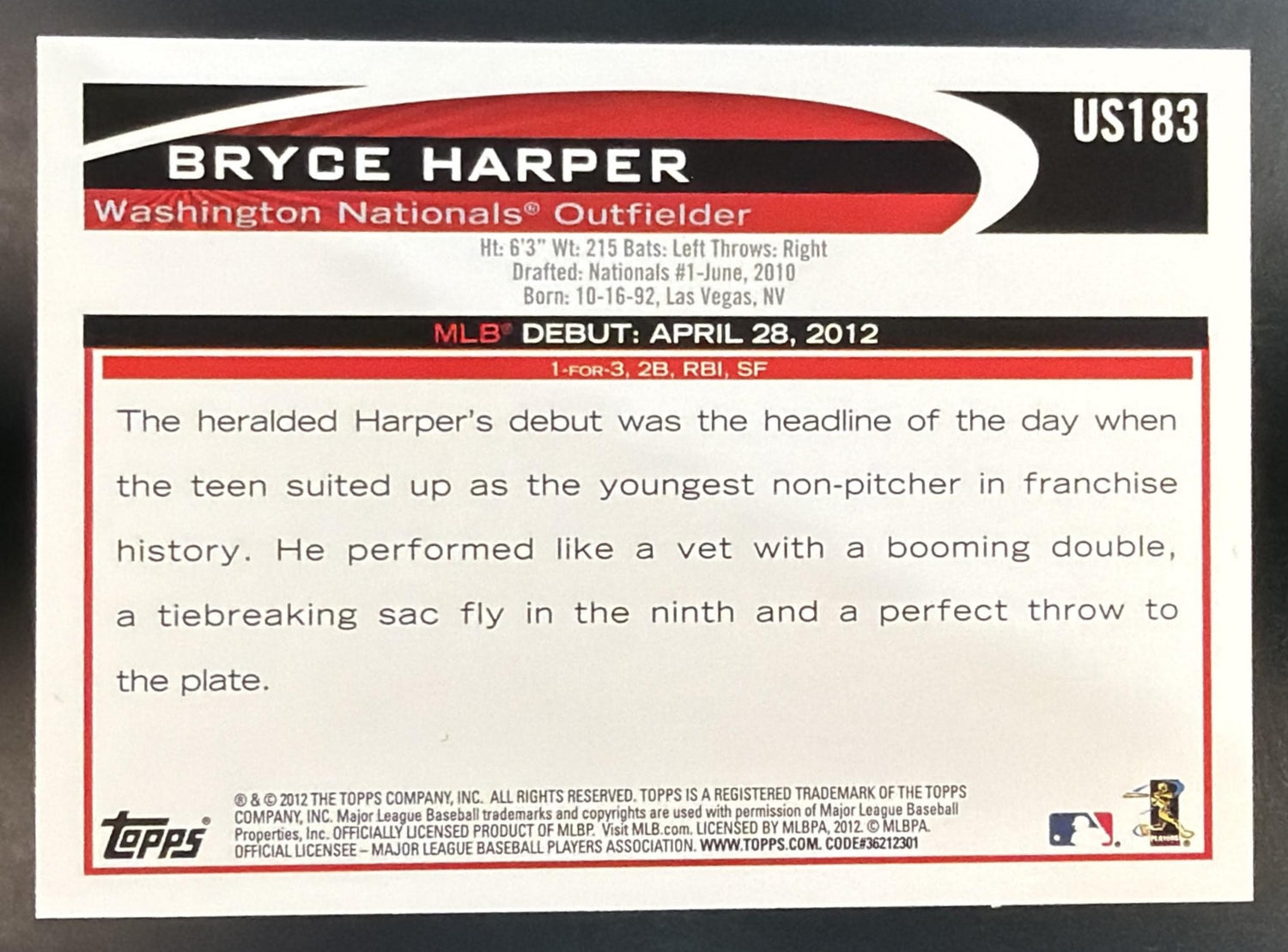 2012 Topps Update Bryce Harper #US183 RC Nationals — back