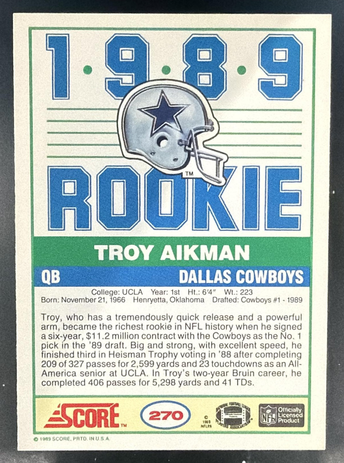 1989 Score Troy Aikman #270 RC Cowboys — back