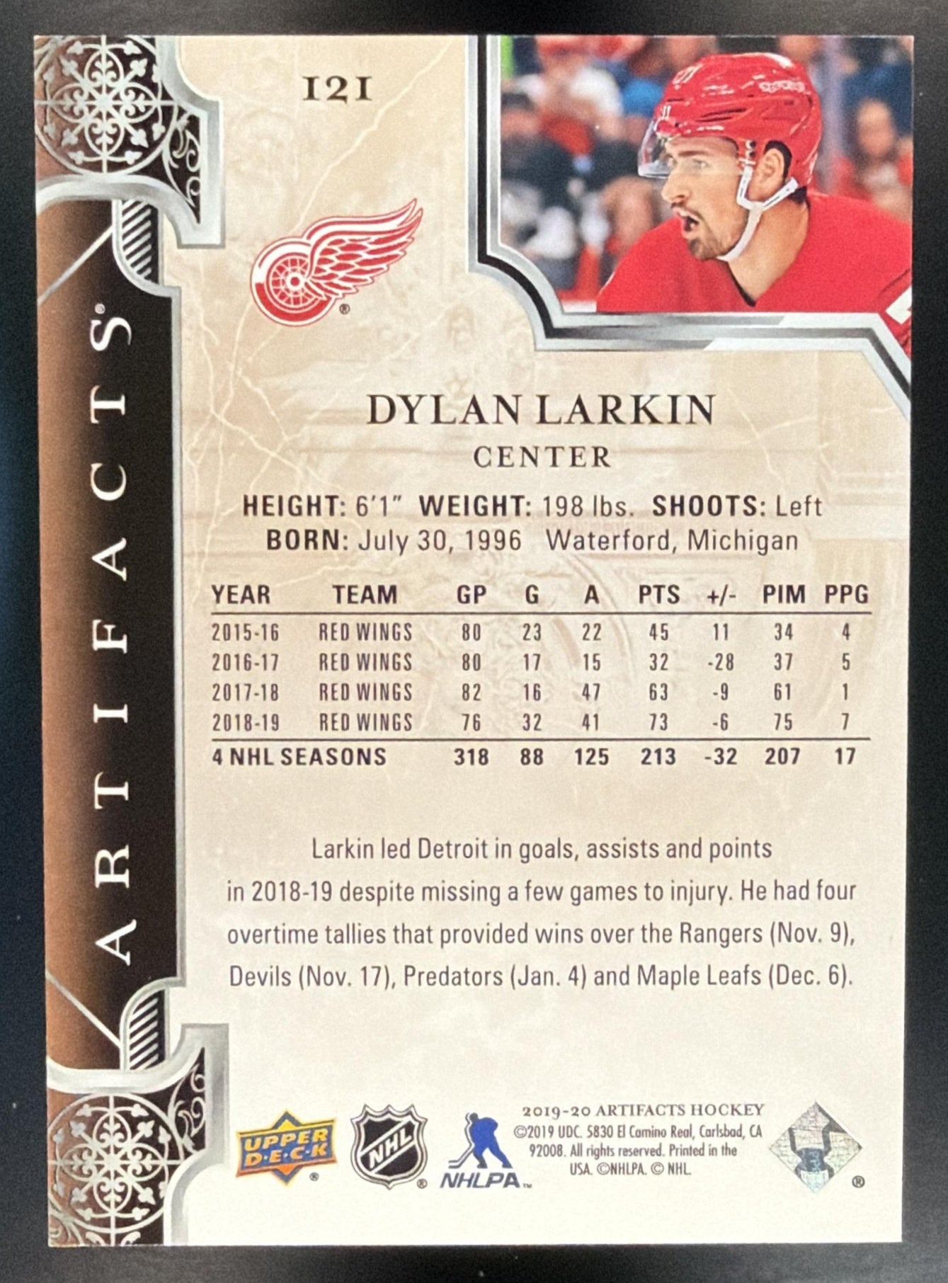 2019-20 Upper Deck Artifacts Dylan Larkin #121 Aqua 12/45 Red Wings — back