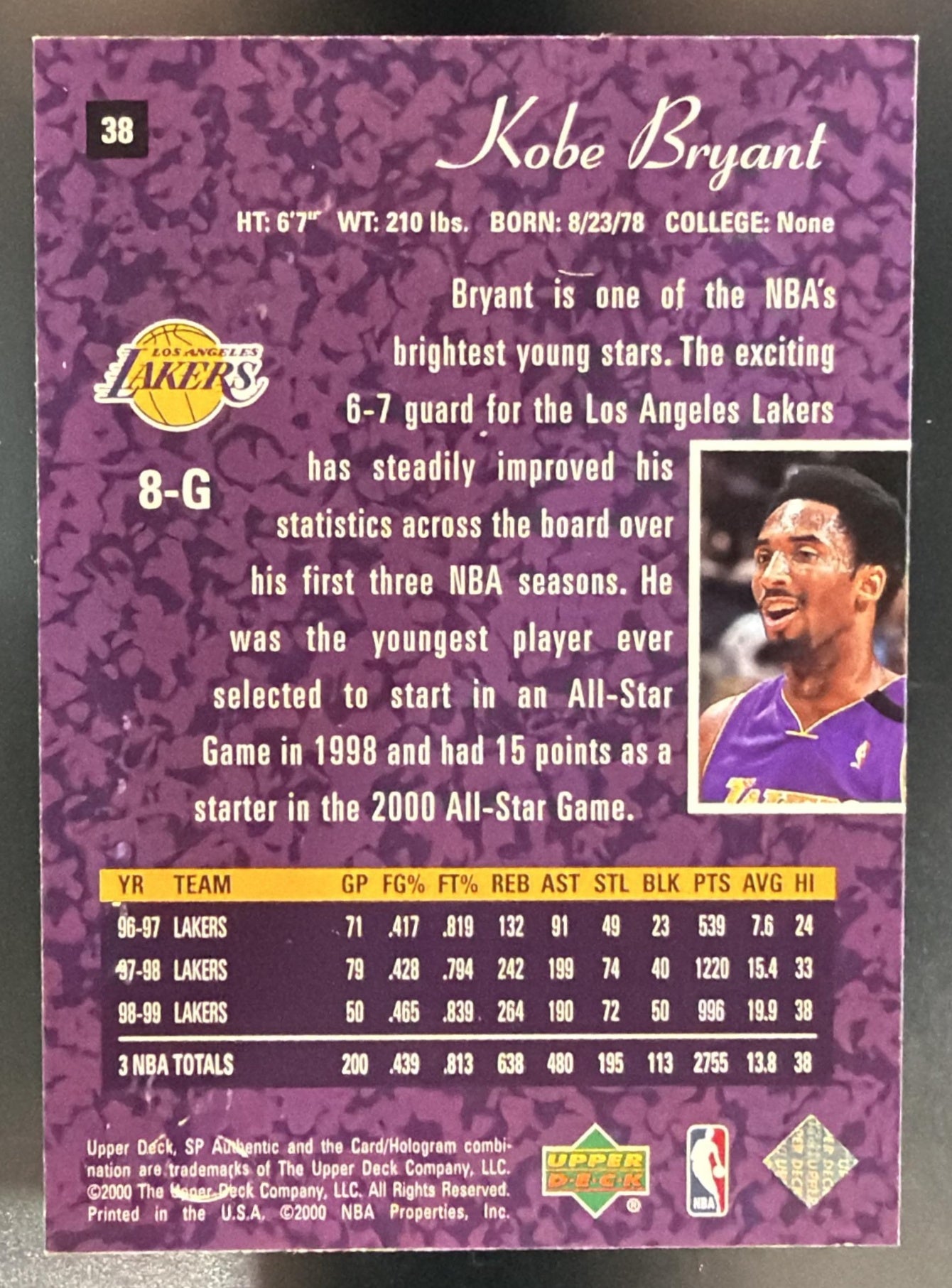 1999-00 SP Authentic Kobe Bryant #38 Lakers — back
