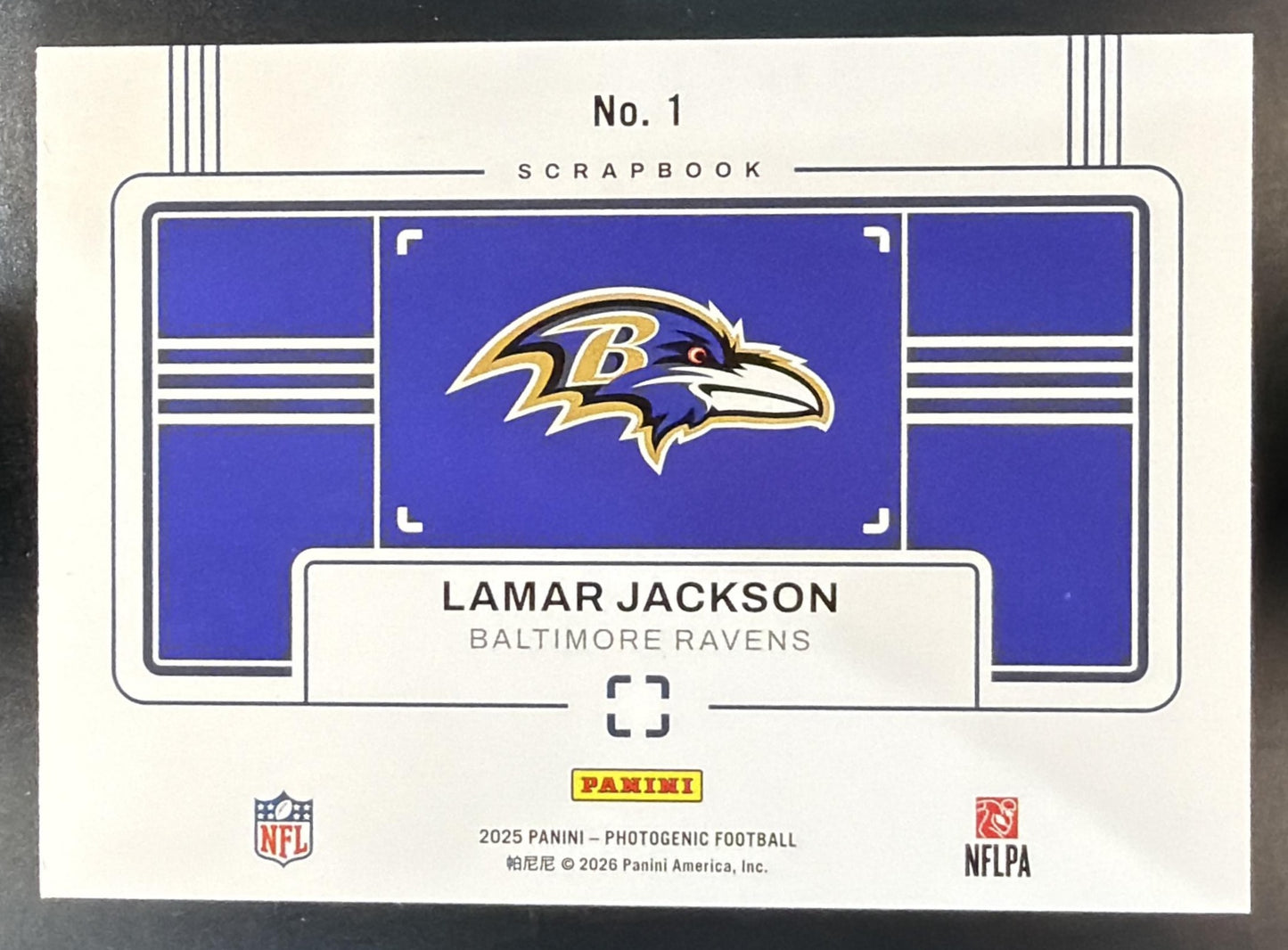 2025 Panini PhotoGenic Lamar Jackson #1 Scrapbook Gold /10 Ravens — back