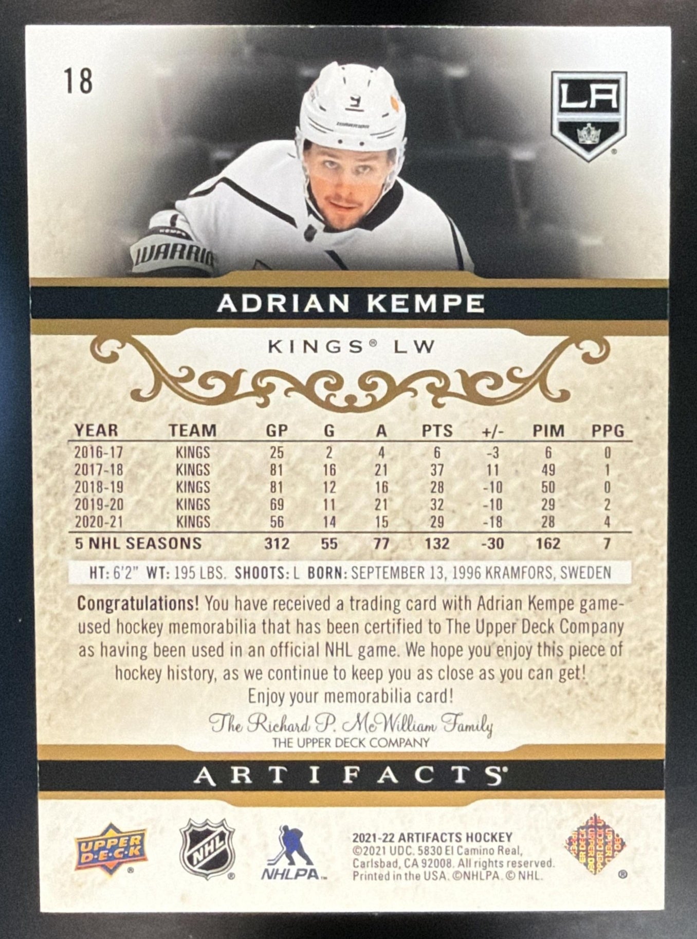 2021-22 Upper Deck Artifacts Adrian Kempe #18 Material Gold 85/249 MEM Kings — back