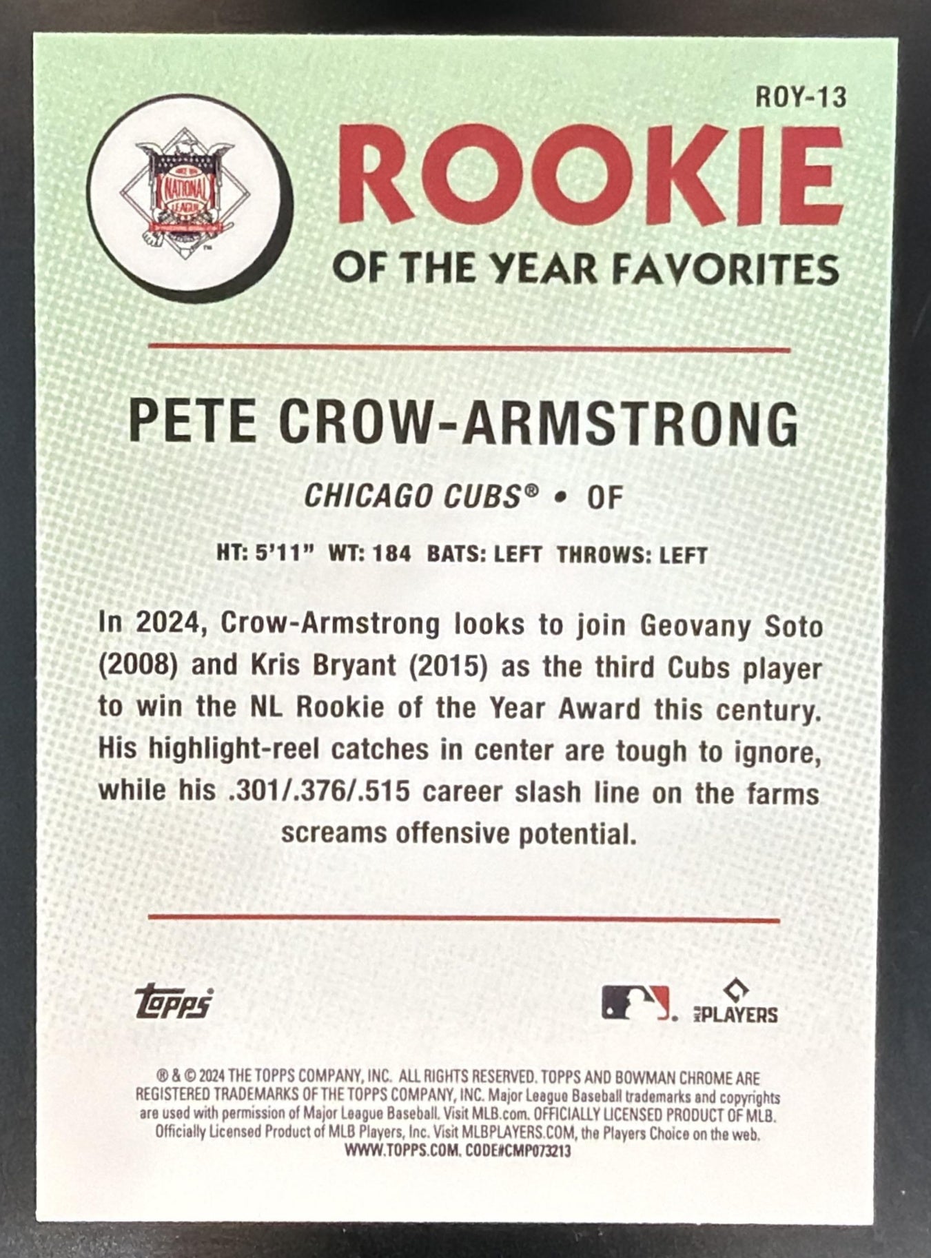 2024 Bowman Pete Crow-Armstrong #ROY-13 Rookie of the Year Favorites Chrome RC — back