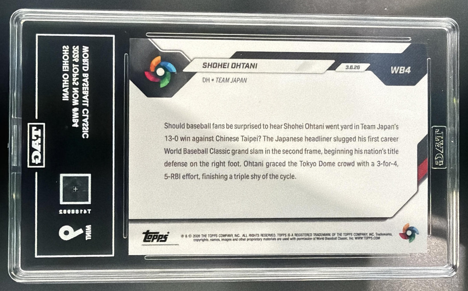 2026 Topps Now World Baseball Classic Shohei Ohtani #WB4 JPN TAG 9 — back