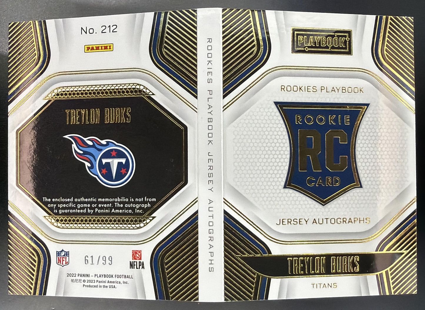 2022 Panini Playbook Treylon Burks #212 Gold 61/99 RC Auto Titans — back