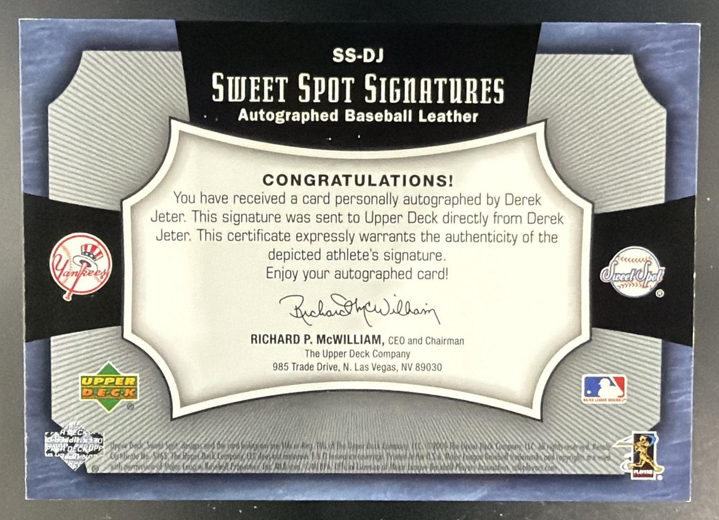 2005 Upper Deck Sweet Spot Derek Jeter Signatures Red Stitch Blue Ink /75 Auto — back