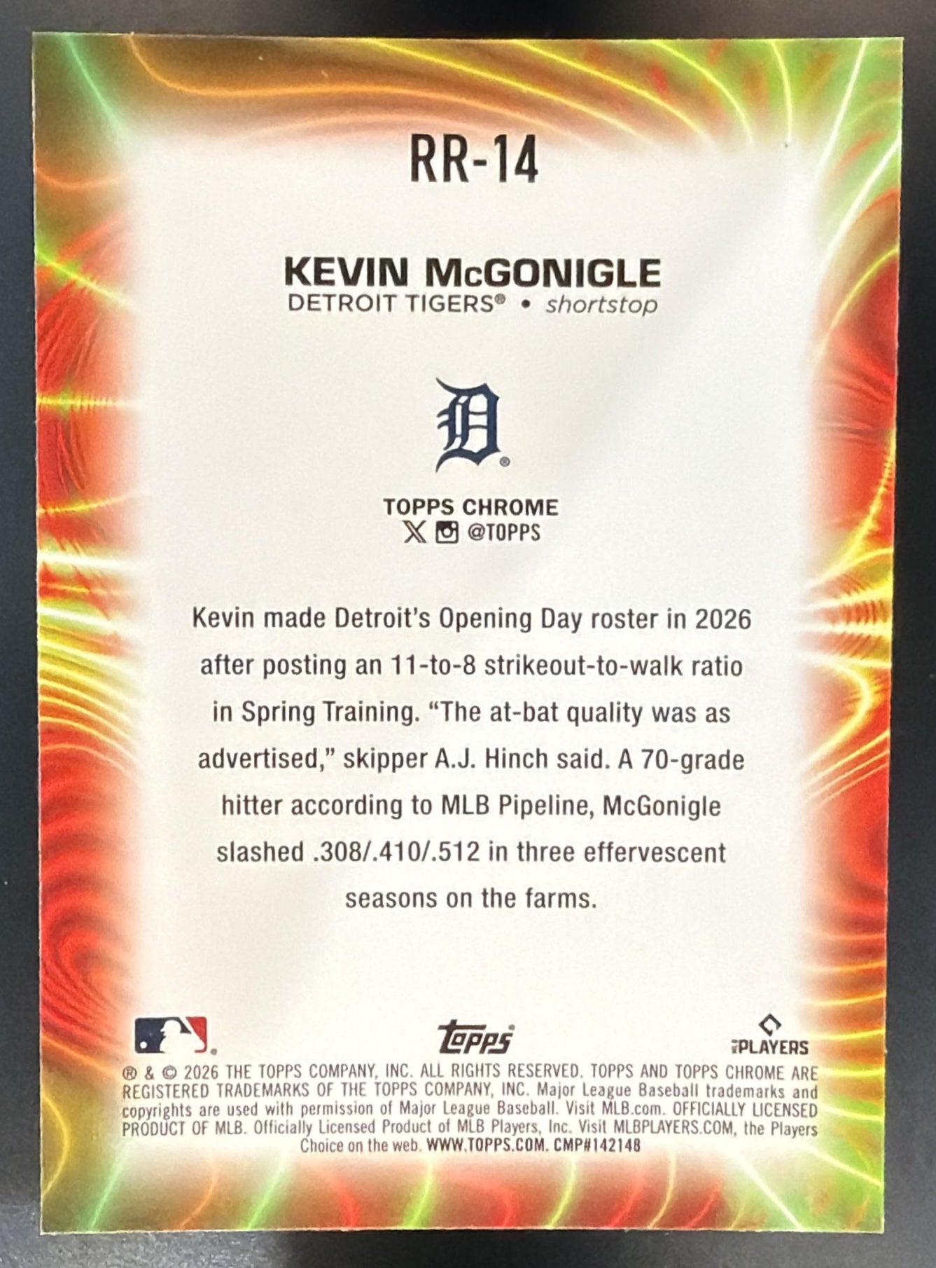 2026 Topps Chrome Kevin McGonigle #RR-14 Radiating Rookies RC Tigers — back